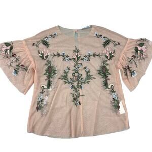 Dex Size Small 100% Nylon Mesh Floral Embroidered Flutter Sleeve Top